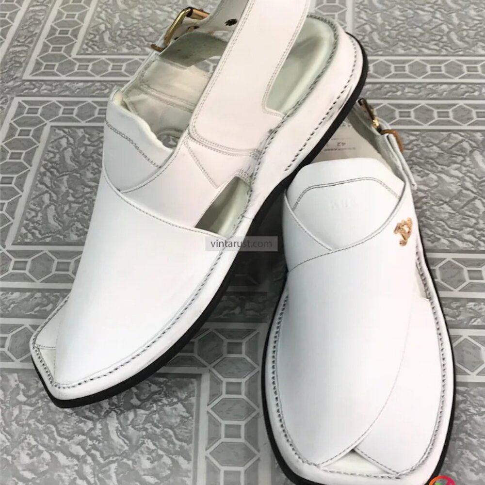 White Leather Peshawari Chappal: Traditional Kaptaan Sandal - Picture 3 of 6